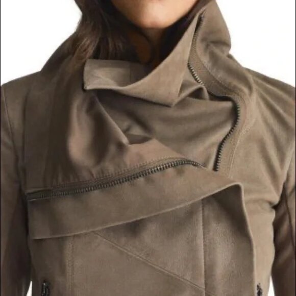 NWT REISS Rae Rib Sleeve Leather Jacket In Stone - Picture 3 of 12